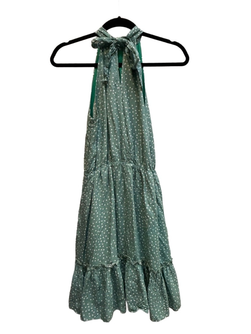 BTFBM Green Polka Dot Halter Dress Tiered Mini Sage Green dress size small 🌱 NWT - Picture 3 of 10